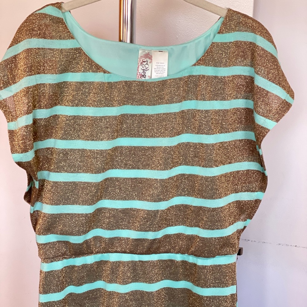 Flattering light blue/green & gold glitter dress